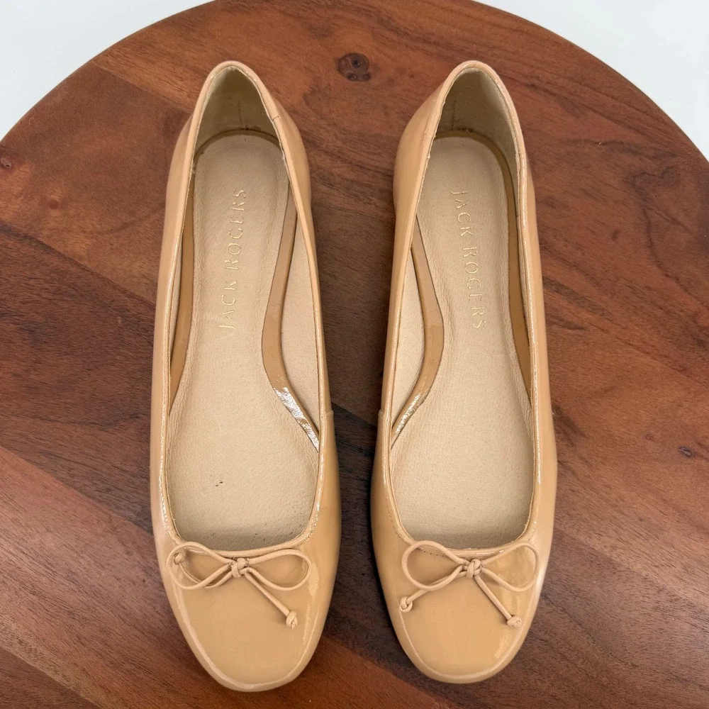 Jack Rogers Womens 9M Nude Patent Leather Square Toe Ballet Flats Bow Accent